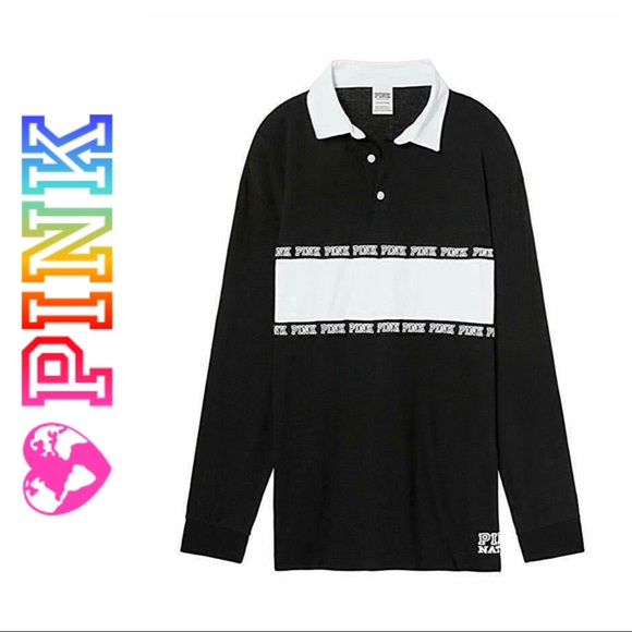 VS PINK BLACK & WHITE COLLEGIATE COLLECTION PINK NATION RUGBY TOP SIZE XS - Picture 1 of 14